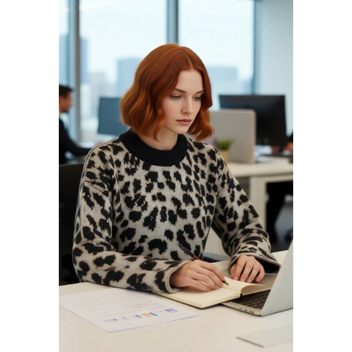 Modern Kadın Oversize Triko Leopar Desenli Bisiklet Yaka Kazak Günlük Tarz Soğuk Havalar İçin