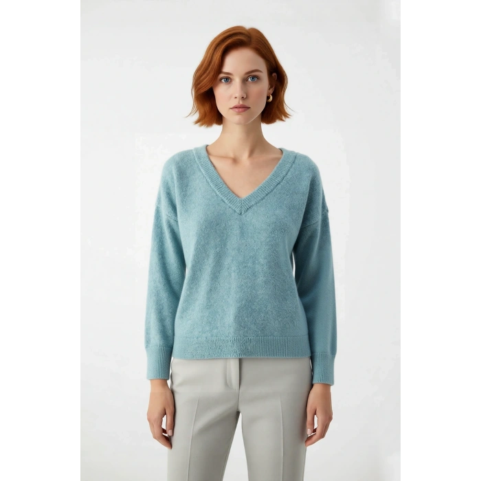 Modern Kadın Oversize V Yaka Triko Düz Düşük Kol Günlük Basic Kışlık Alpaka Karışımlı Kazak