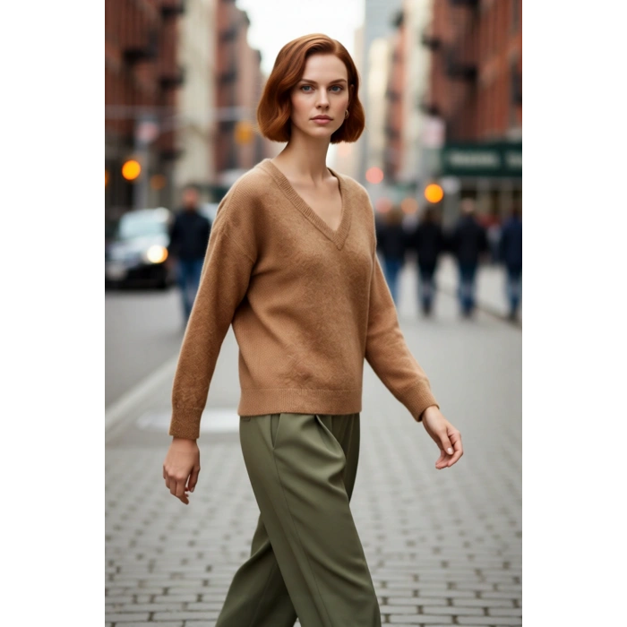 Modern Kadın Oversize V Yaka Triko Düz Düşük Kol Günlük Basic Kışlık Alpaka Karışımlı Kazak