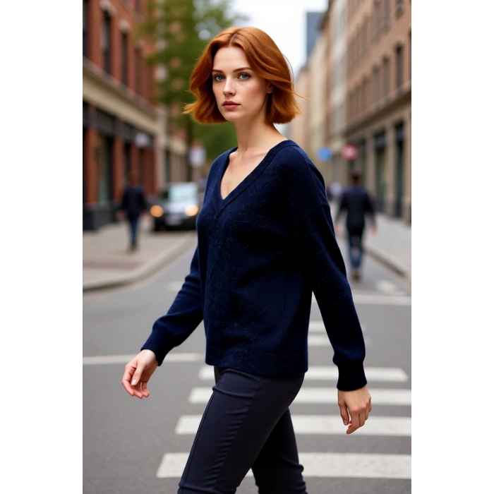 Modern Kadın Oversize V Yaka Triko Düz Düşük Kol Günlük Basic Kışlık Alpaka Karışımlı Kazak