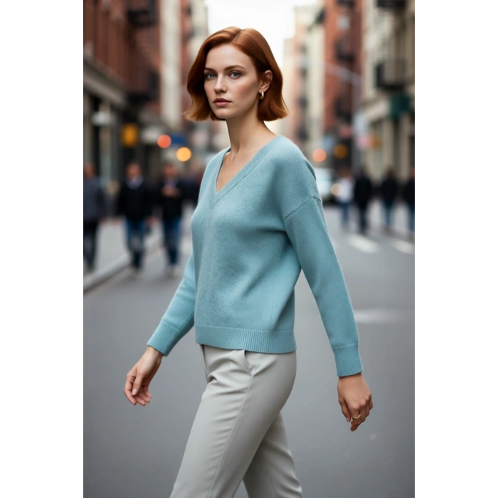 Modern Kadın Oversize V Yaka Triko Düz Düşük Kol Günlük Basic Kışlık Alpaka Karışımlı Kazak