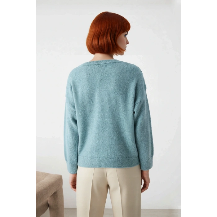 Modern Kadın Oversize V Yaka Triko Düz Düşük Kol Günlük Basic Kışlık Alpaka Karışımlı Kazak