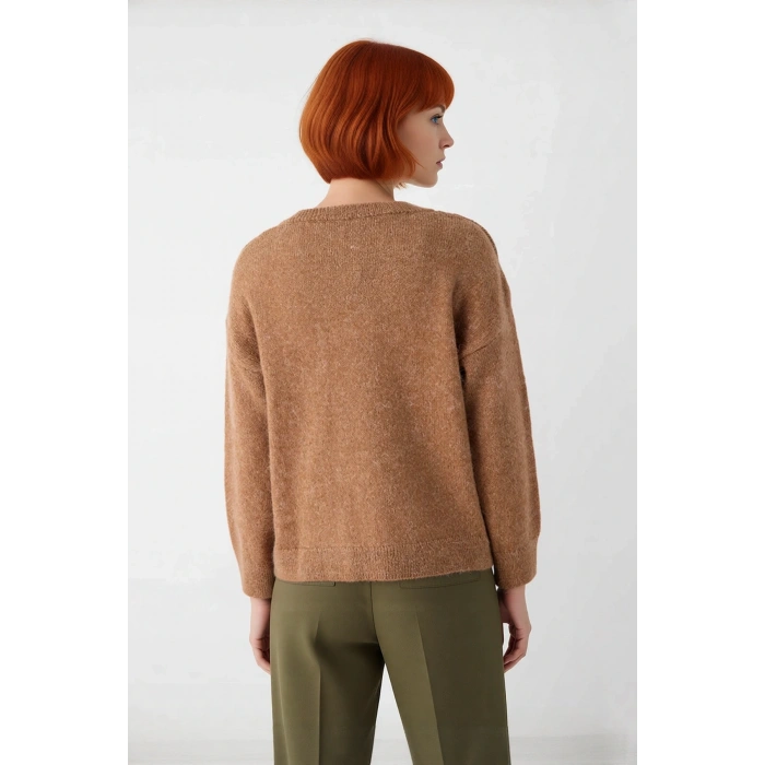 Modern Kadın Oversize V Yaka Triko Düz Düşük Kol Günlük Basic Kışlık Alpaka Karışımlı Kazak