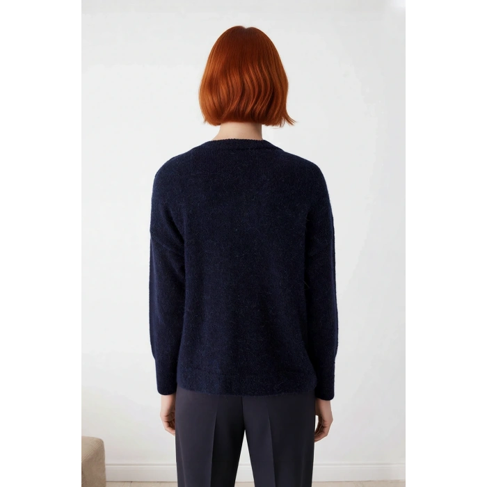 Modern Kadın Oversize V Yaka Triko Düz Düşük Kol Günlük Basic Kışlık Alpaka Karışımlı Kazak