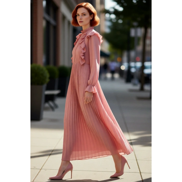 Modern Kadın Piliseli Skater Elbise Dik Yaka Uzun Balon Kol Detaylı Şık Davetler İçin İdeal