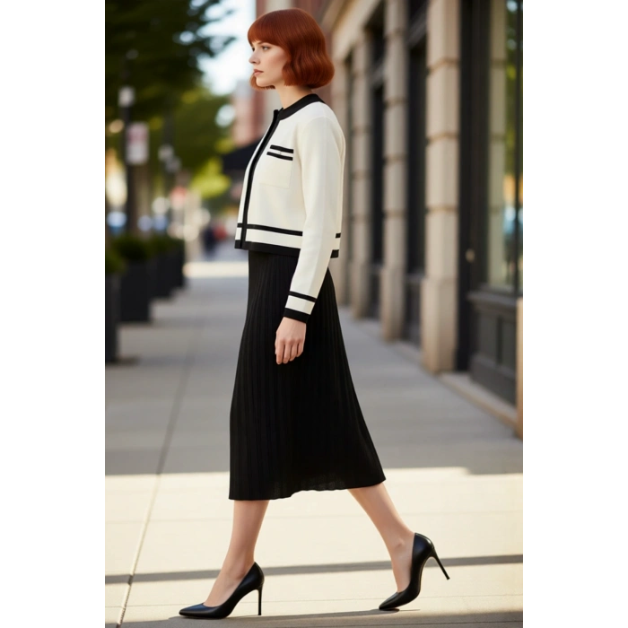 Modern Kadın Renk Bloklu A Line Midi Triko Hırka Elbise Takımı Soğuk Kış Günleri İçin İdeal Seçim