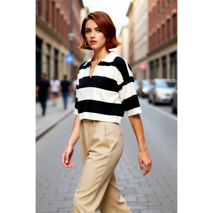 Modern Kadın Siyah Çizgili Crop Triko Polo Yaka Düşük Kol Basic İlkbahar Sonbahar Şıklığı Kaliteli