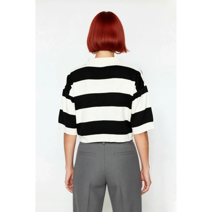 Modern Kadın Siyah Çizgili Crop Triko Polo Yaka Düşük Kol Basic İlkbahar Sonbahar Şıklığı Kaliteli