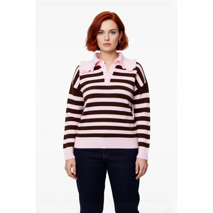 Modern Kadın Triko Kazak Bebe Yaka Çizgili Desen Orta Kalınlık Standart Kol Kış Şıklığı Kaliteli