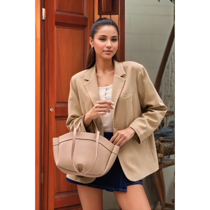 Modern Tasarımlı Geniş Hacimli Fermuarlı Kadın Shopper El ve Omuz Çantası