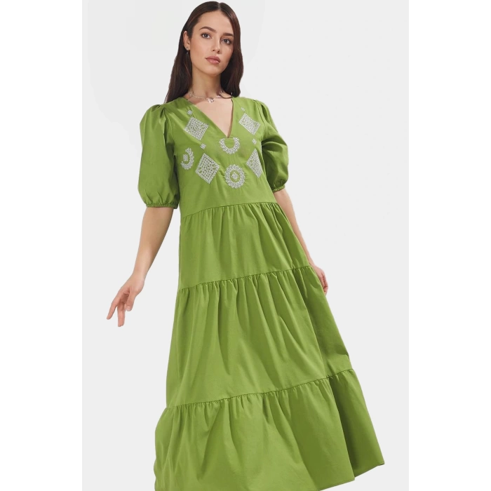 Nakışlı Maxi Elbise Pamuklu Polyester Dokuma Yazlık Günlük Trend Tasarım Seçkin Malzeme