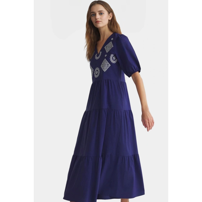 Nakışlı Maxi Elbise Pamuklu Polyester Dokuma Yazlık Günlük Trend Tasarım Seçkin Malzeme