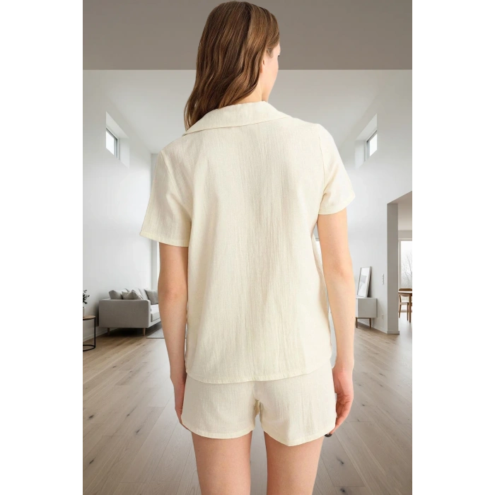 Nefes Alan %100 Pamuk Müslin Kiraz Nakışlı Şortlu Pijama Takımı Şık Görünüm Modern Stil Özel Tasarım