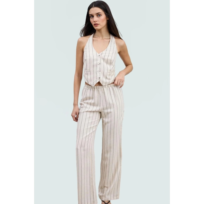 Nefes Alan Pamuklu Keten İkili Takım Çok Çizgili Rahat Kullanım Modern Stil Ve Şık