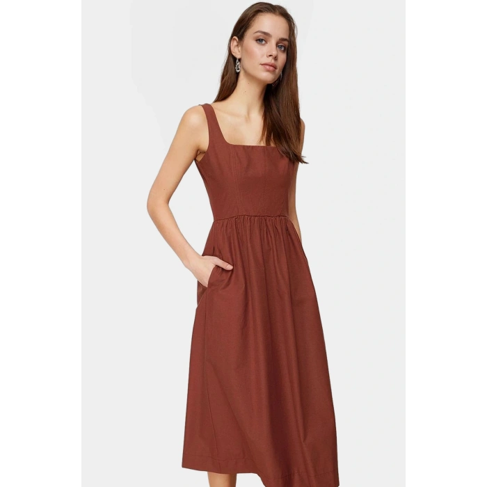 Nefes Alan Pamuklu Polyester Midi Elbise Belden Rahat Günlük Profesyonel Görünüm
