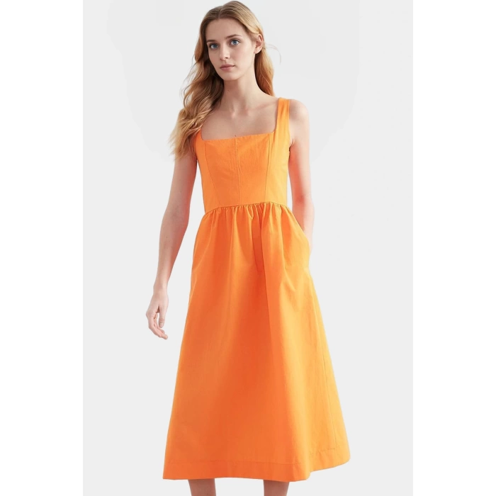 Nefes Alan Pamuklu Polyester Midi Elbise Belden Rahat Günlük Profesyonel Görünüm