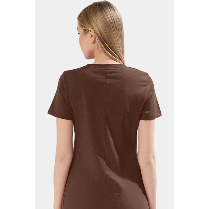 Nefes Alan Pamuklu T shirt Elbise Midi Boy Cep Detaylı Modern Stil Zarifane Tasarım