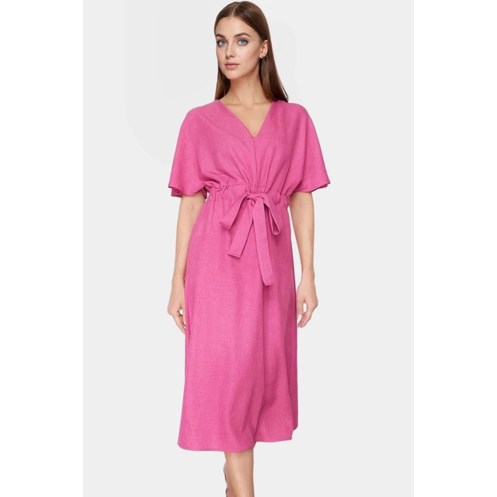 Nefes Alan Polyester Midi Elbise A Kesim V Yaka Kuşak Detayı Özenle Seçilmiş Rahat Kullanım
