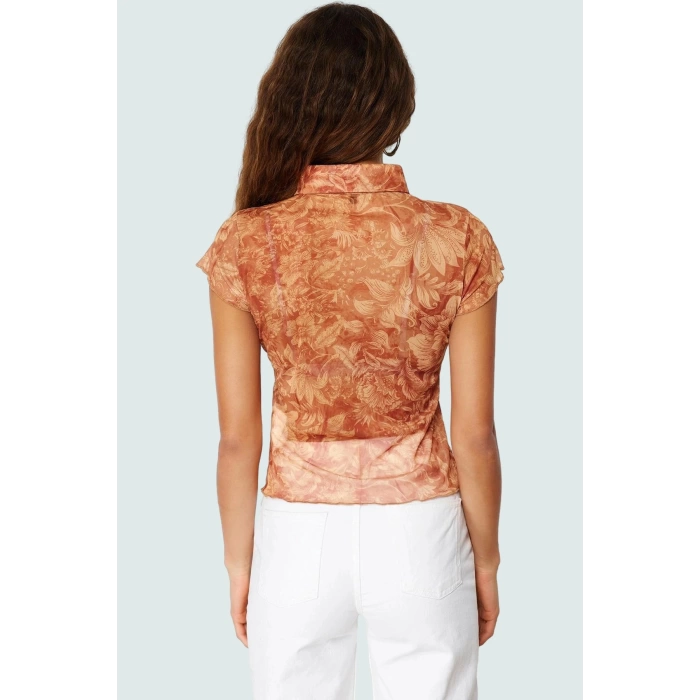 Nefes Alan Tül Bluz Kısa Kollu Çiçek Desenli Regular Kalıp Polyester Örme Zarifane Tasarım