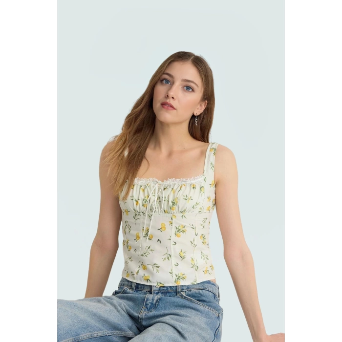 Nefes Alan Viskoz Dokuma Crop Bluz Limon Desenli Yazlık Zarifane Tasarım Premium Kalite