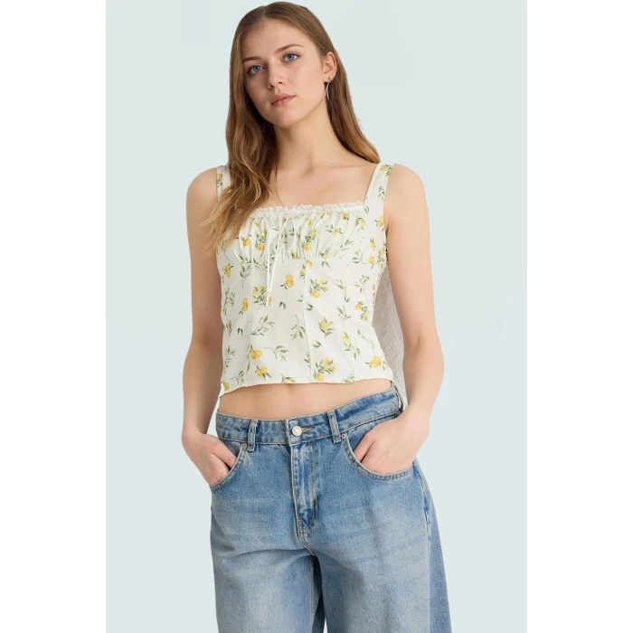 Nefes Alan Viskoz Dokuma Crop Bluz Limon Desenli Yazlık Zarifane Tasarım Premium Kalite