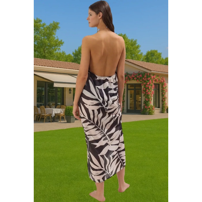 Nefes Alan Vual Kumaş Maxi Plaj Elbisesi Halter Yaka Tropikal Desen Konforlu Kesim Modern Stil