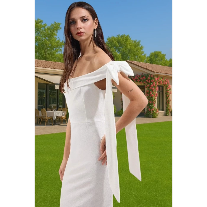 Omuz Fiyonklu Beyaz Bodycon Abiye Elbise Yazlık Maxi Krep Mükemmel Uyum Mükemmel Uyum Rahat Kullanım