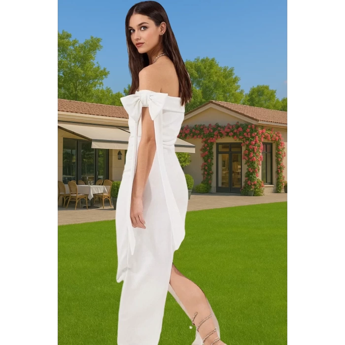 Omuz Fiyonklu Beyaz Bodycon Abiye Elbise Yazlık Maxi Krep Mükemmel Uyum Mükemmel Uyum Rahat Kullanım