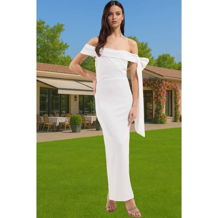 Omuz Fiyonklu Beyaz Bodycon Abiye Elbise Yazlık Maxi Krep Mükemmel Uyum Mükemmel Uyum Rahat Kullanım