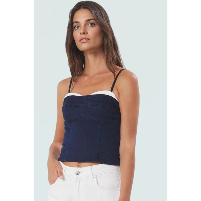Omzu Crop Denim Bluz Pamuk Karışımlı Stretch Kumaş Kalp Yaka Yazlık Tarz Uzun Ömürlü