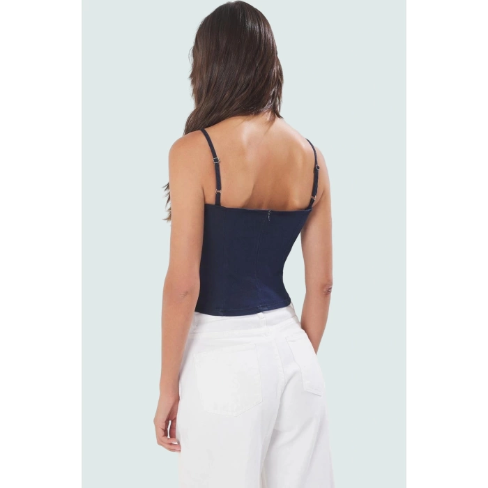 Omzu Crop Denim Bluz Pamuk Karışımlı Stretch Kumaş Kalp Yaka Yazlık Tarz Uzun Ömürlü