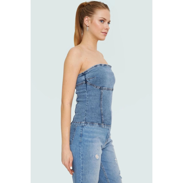 Omzu Denim Bluz %99 Pamuk Stretch Rahat Kalıp Yaz Yüksek Kalite Konforlu Kesim