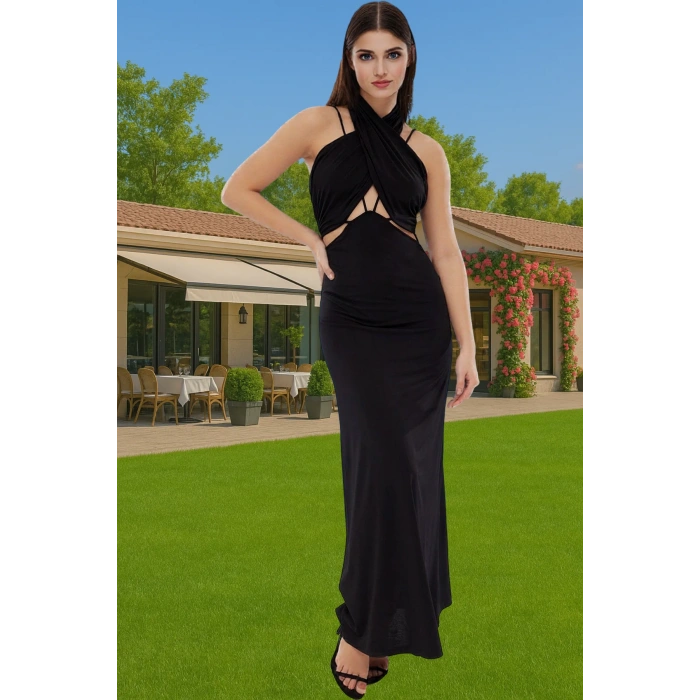 Örme Abiye Elbise Halter Yaka Midi Boy Polyester Karışımlı Yazlık Mükemmel Uyum Özenle Seçilmiş