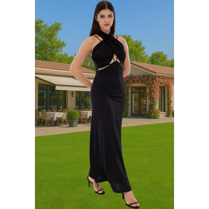 Örme Abiye Elbise Halter Yaka Midi Boy Polyester Karışımlı Yazlık Mükemmel Uyum Özenle Seçilmiş