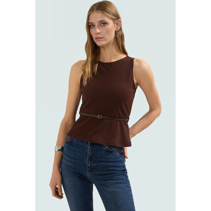 Örme Bluz Bisiklet Yaka Fitted Kalıp Scuba Krep Kumaş Şık Görünüm Modern Stil