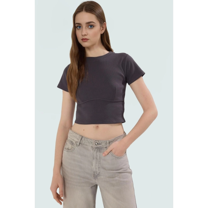 Örme Crop Bluz Bisiklet Yaka Fitted Kalıp Pamuklu Yazlık Kemersiz Uzun Ömürlü