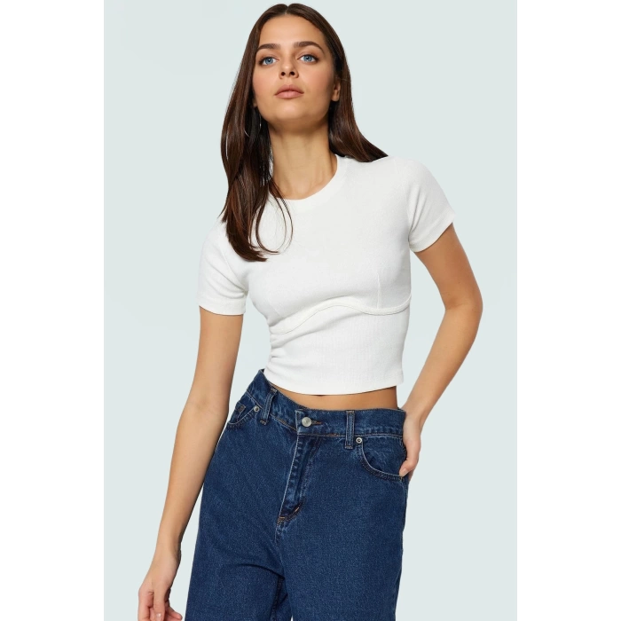 Örme Crop Bluz Bisiklet Yaka Fitted Kalıp Pamuklu Yazlık Kemersiz Uzun Ömürlü
