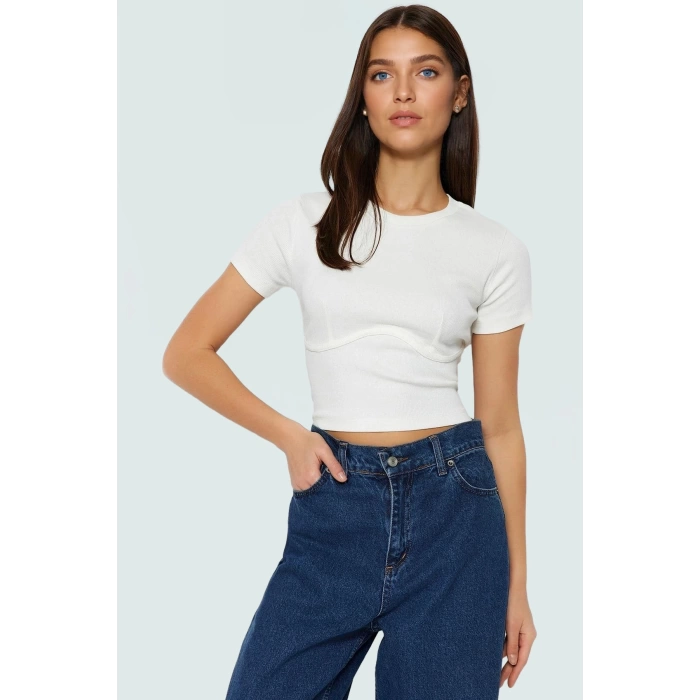 Örme Crop Bluz Bisiklet Yaka Fitted Kalıp Pamuklu Yazlık Kemersiz Uzun Ömürlü