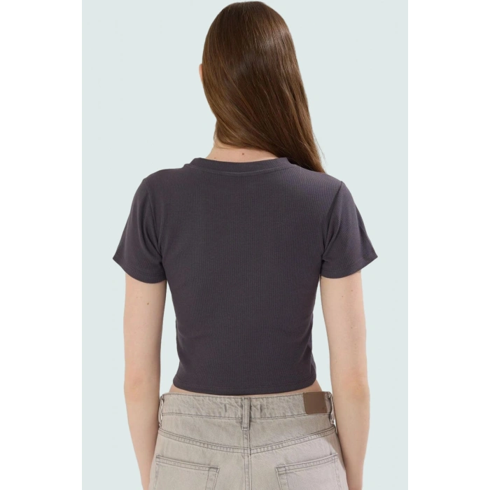 Örme Crop Bluz Bisiklet Yaka Fitted Kalıp Pamuklu Yazlık Kemersiz Uzun Ömürlü