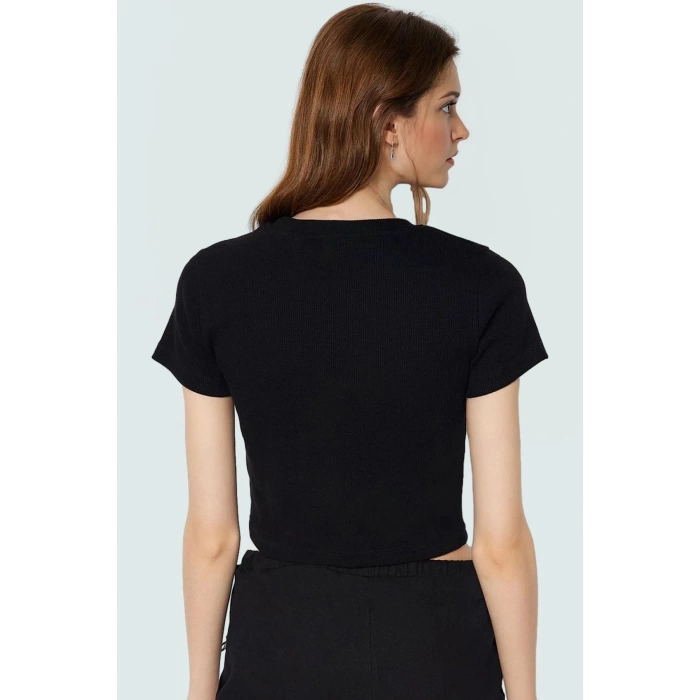 Örme Crop Bluz Bisiklet Yaka Fitted Kalıp Pamuklu Yazlık Kemersiz Uzun Ömürlü