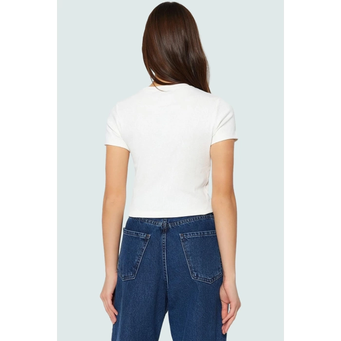 Örme Crop Bluz Bisiklet Yaka Fitted Kalıp Pamuklu Yazlık Kemersiz Uzun Ömürlü