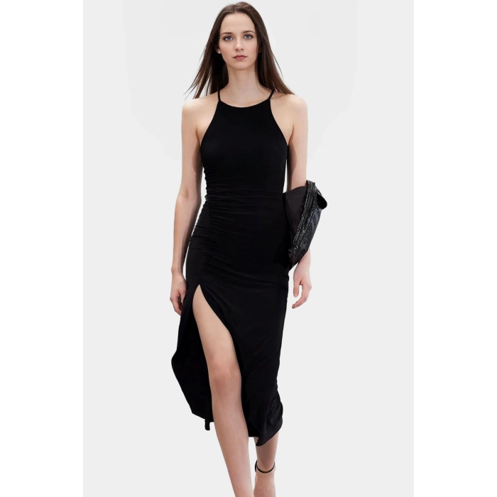 Örme Maxi Elbise Halter Yaka Bodycon Kalıp 130cm Boy Yırtmaçlı Yüksek Kalite