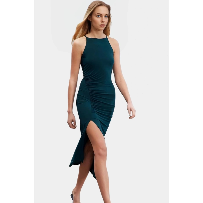 Örme Maxi Elbise Halter Yaka Bodycon Kalıp 130cm Boy Yırtmaçlı Yüksek Kalite