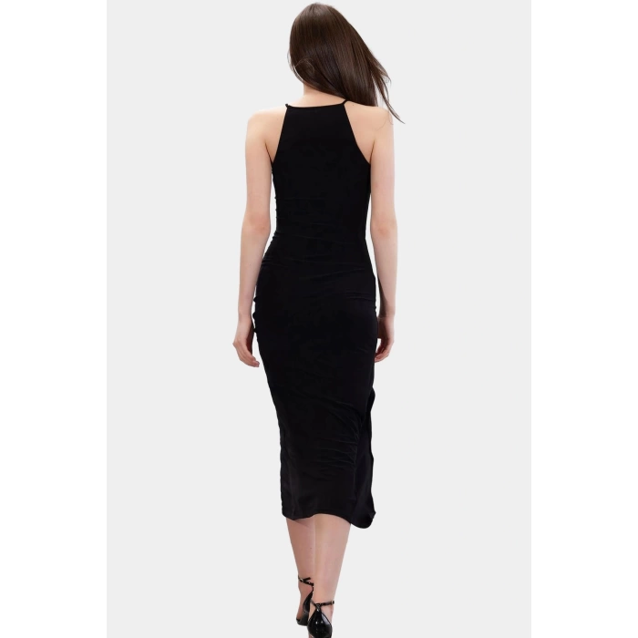 Örme Maxi Elbise Halter Yaka Bodycon Kalıp 130cm Boy Yırtmaçlı Yüksek Kalite