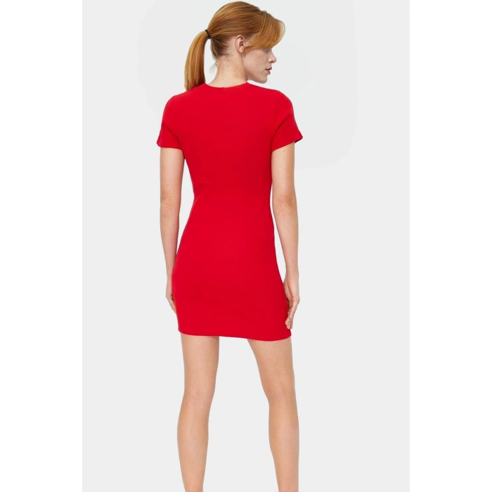 Örme Mini Elbise Bodycon Kalıp Bisiklet Yaka Günlük Kısa Kollu Rahat Kullanım Trend Tasarım