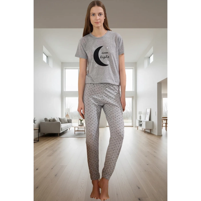 Örme Pamuklu Pijama Takımı; Bisiklet Yaka Galaksi Baskı 2li Kaliteli İşçilik