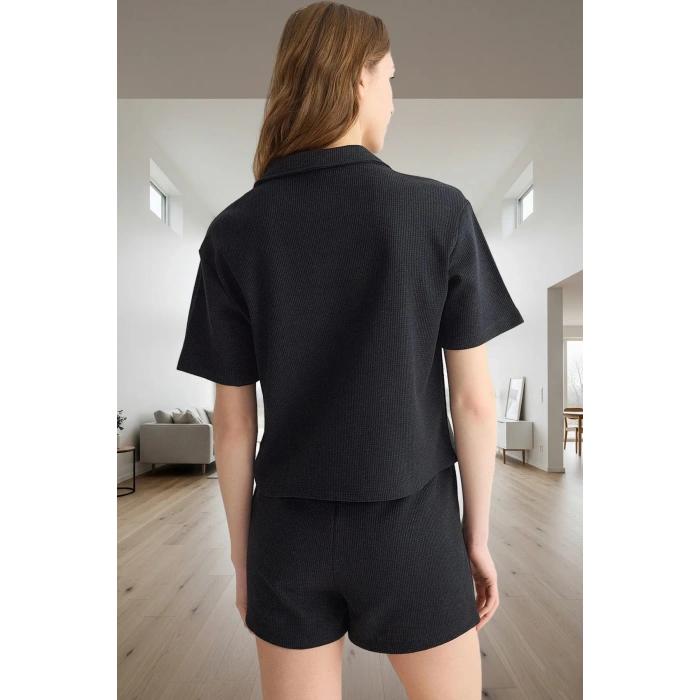 Örme Pijama Takımı Waffle Kumaş Boru Paça Şort Rahat Kalıp Evde Konfor Kaliteli İşçilik