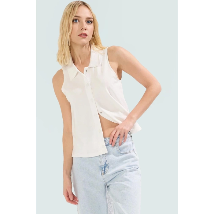 Örme Polo Yaka Kolsuz Bluz Regular Kalıp Rahat Yazlık Modern Stil Seçkin Malzeme Trend Tasarım