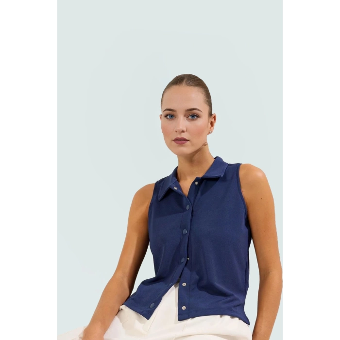 Örme Polo Yaka Kolsuz Bluz Regular Kalıp Rahat Yazlık Modern Stil Seçkin Malzeme Trend Tasarım