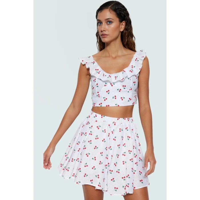 Pamuk Çilekli Yazlık Bluz Etek Takım Kolsuz Bisiklet Yaka Fitted Geniş Paça Konforlu Kesim